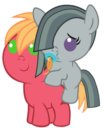 Size: 786x967 | Tagged: safe, artist:red4567, character:big mcintosh, character:marble pie, species:pony, ship:marblemac, baby, baby macintosh, baby ponies, baby pony, cute, female, macabetes, male, marbaby pie, marblebetes, marblemacbetes, pacifier, ponies riding ponies, shipping, straight, weapons-grade cute