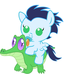 Size: 886x1017 | Tagged: safe, artist:red4567, character:gummy, character:soarin', species:pony, baby, baby pony, cute, pacifier, ponies riding gators, recolor, riding, soarinbetes, weapons-grade cute