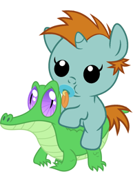 Size: 786x1017 | Tagged: safe, artist:red4567, character:gummy, character:snips, species:pony, baby, baby pony, cute, pacifier, ponies riding gators, recolor, weapons-grade cute