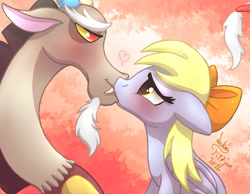 Size: 1800x1400 | Tagged: safe, artist:joakaha, character:derpy hooves, character:discord, species:pegasus, species:pony, ship:derpcord, blushing, crack shipping, female, kissing, male, mare, shipping, straight