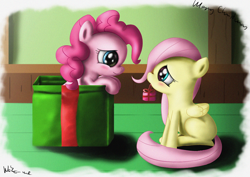 Size: 2500x1770 | Tagged: safe, artist:neko-me, character:fluttershy, character:pinkie pie, species:pony, box, christmas, cute, diapinkes, duo, eye contact, female, filly, filly fluttershy, filly pinkie pie, gift giving, mouth hold, pony in a box, present, shyabetes, sitting, smiling, younger