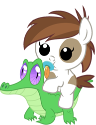 Size: 786x1017 | Tagged: safe, artist:red4567, character:gummy, character:pipsqueak, species:pony, baby, baby pony, cute, pacifier, ponies riding gators, recolor, riding, squeakabetes, weapons-grade cute