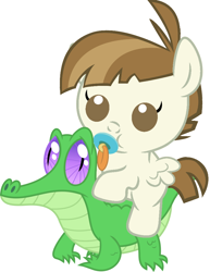 Size: 786x1017 | Tagged: safe, artist:red4567, character:featherweight, character:gummy, species:pony, baby, baby pony, cute, featherbetes, pacifier, ponies riding gators, recolor, weapons-grade cute
