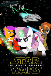 Size: 2326x3460 | Tagged: safe, artist:ejlightning007arts, character:button mash, character:scootaloo, character:sweetie belle, species:pegasus, species:pony, clothing, cosplay, costume, crossover, cutie mark, finn (star wars), lightsaber, millenium falcon, parody, poe dameron, poster, rey, spaceship, star destroyer, star wars, starfighter, the cmc's cutie marks, tie fighter, weapon