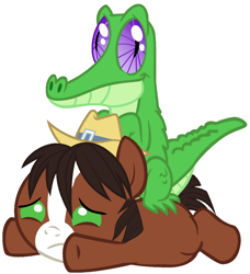 Size: 880x964 | Tagged: safe, artist:red4567, character:gummy, character:trouble shoes, species:pony, episode:appleoosa's most wanted, g4, my little pony: friendship is magic, baby, baby pony, cute, gators riding ponies, just my luck, ponies riding gators, riding, role reversal, troublebetes, weapons-grade cute