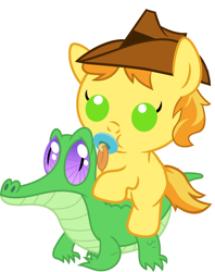 Size: 806x1017 | Tagged: safe, artist:red4567, character:braeburn, character:gummy, species:pony, baby, baby pony, braebetes, cute, pacifier, ponies riding gators, recolor, weapons-grade cute