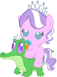 Size: 806x1077 | Tagged: safe, artist:red4567, character:diamond tiara, character:gummy, species:pony, baby, baby pony, cute, diamondbetes, pacifier, ponies riding gators, recolor, riding, tiara, weapons-grade cute