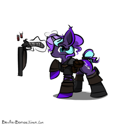 Size: 1280x1280 | Tagged: safe, artist:bbsartboutique, oc, oc only, species:pony, species:unicorn, fallout equestria, armor, bullet, gun, magic, saddle bag, solo, weapon, worried