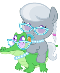 Size: 786x967 | Tagged: safe, artist:red4567, character:gummy, character:silver spoon, species:pony, baby, baby pony, cute, pacifier, ponies riding gators, recolor, riding, silverbetes, weapons-grade cute
