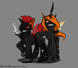 Size: 1280x1126 | Tagged: safe, artist:bbsartboutique, oc, oc only, species:changeling, cigarette, clothing, grin, jacket, orange changeling, red changeling, smoking, sunglasses