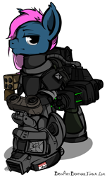Size: 850x1400 | Tagged: safe, artist:bbsartboutique, oc, oc only, oc:blueberry "jank" sprinkles, fallout, gatling laser, missile launcher, power armor, powered exoskeleton, scar, solo