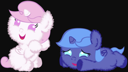 Size: 2000x1120 | Tagged: safe, artist:beavernator, character:princess celestia, character:princess luna, species:alicorn, species:pony, baby, baby pony, black background, cute, duo, female, filly, fluffy, foal, simple background, woona
