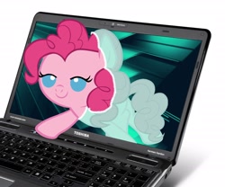 Size: 2400x2000 | Tagged: safe, artist:beavernator, character:pinkie pie, species:earth pony, species:pony, baby, baby pie, baby pony, computer, female, filly, foal, fourth wall, high res, laptop computer, solo, toshiba