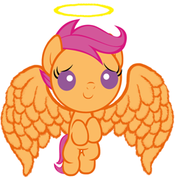 Size: 2520x2560 | Tagged: safe, artist:beavernator, character:scootaloo, species:pegasus, species:pony, angel, baby, baby pony, baby scootaloo, big wings, female, filly, foal, halo, high res, hilarious in hindsight, simple background, solo, white background
