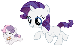 Size: 4200x2600 | Tagged: safe, artist:beavernator, character:rarity, character:sweetie belle, species:pony, species:unicorn, baby, baby belle, baby pony, duo, female, filly, foal, running, simple background, spool, white background