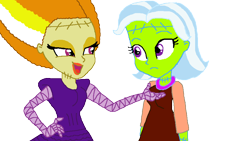 Size: 975x549 | Tagged: safe, artist:ktd1993, character:adagio dazzle, character:trixie, ship:triagio, my little pony:equestria girls, bride of frankenstein, clothing, cosplay, costume, female, frankenstein, frankenstein's monster, lesbian, shipping