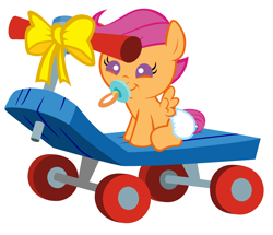 Size: 3352x2880 | Tagged: safe, artist:beavernator, character:scootaloo, species:pegasus, species:pony, baby, baby pony, baby scootaloo, bow, cute, cutealoo, dawwww, diaper, female, foal, happy birthday, high res, pacifier, scootalove, scooter, simple background, sitting, solo, white background