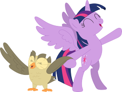 Size: 3578x2697 | Tagged: safe, artist:porygon2z, character:owlowiscious, character:twilight sparkle, character:twilight sparkle (alicorn), species:alicorn, species:pony, episode:tanks for the memories, g4, my little pony: friendship is magic, duo, eyes closed, female, mare, pet, simple background, singing, transparent background, vector