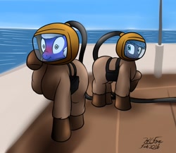 Size: 1280x1113 | Tagged: safe, artist:the-furry-railfan, oc, oc only, oc:night strike, oc:static charge, blushing, boat, diving suit, fallout equestria: empty quiver, hose, ocean, scrunchy face, scuba