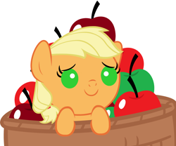 Size: 3600x3000 | Tagged: safe, artist:beavernator, character:applejack, species:earth pony, species:pony, apple, baby, baby pony, babyjack, basket, cute, female, filly, foal, high res, jackabetes, pony in a basket, solo