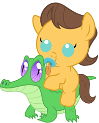 Size: 786x977 | Tagged: safe, artist:red4567, character:caramel, character:gummy, species:pony, baby, baby pony, carabetes, cute, pacifier, ponies riding gators, recolor, riding