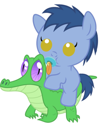 Size: 786x967 | Tagged: safe, artist:red4567, character:blues, character:gummy, character:noteworthy, species:pony, baby, baby pony, cute, noteabetes, pacifier, ponies riding gators, recolor, riding, weapons-grade cute