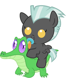 Size: 886x1017 | Tagged: safe, artist:red4567, character:gummy, character:thunderlane, species:pony, baby, baby pony, cute, pacifier, ponies riding gators, recolor, riding, thunderbetes