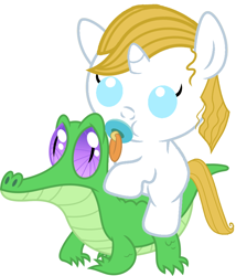 Size: 786x917 | Tagged: safe, artist:red4567, character:gummy, character:prince blueblood, species:pony, baby, baby pony, cute, pacifier, ponies riding gators, prince bluebetes, recolor, riding