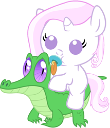 Size: 786x917 | Tagged: safe, artist:red4567, character:fleur-de-lis, character:gummy, species:pony, baby, baby pony, cute, fleurabetes, pacifier, ponies riding gators, riding, weapons-grade cute