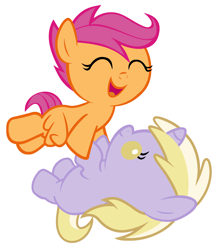 Size: 2520x2880 | Tagged: safe, artist:beavernator, character:dinky hooves, character:scootaloo, species:pegasus, species:pony, species:unicorn, baby, baby pony, baby scootaloo, duo, female, flying, foal, high res, scootaloo can fly, simple background, white background