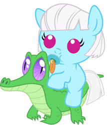 Size: 786x917 | Tagged: safe, artist:red4567, character:gummy, character:photo finish, species:pony, baby, baby pony, cute, pacifier, photaww finish, ponies riding gators, recolor, riding, weapons-grade cute