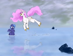 Size: 3731x2864 | Tagged: safe, artist:greyscaleart, character:princess celestia, character:princess luna, cute, cutelestia, lunabetes, pink-mane celestia, royal sisters, s1 luna, sisters, swimming, wrong eye color, younger