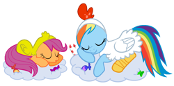 Size: 1404x698 | Tagged: safe, alternate version, artist:red4567, derpibooru original, edit, character:rainbow dash, character:scootaloo, species:pegasus, species:pony, candy, chick, chicken suit, clothing, cloud, costume, cute, cutealoo, dashabetes, food, henbow dash, scootachicken, scootalove, sleeping, weapons-grade cute