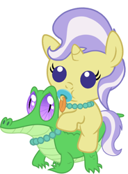 Size: 786x1067 | Tagged: safe, artist:red4567, character:gummy, character:upper crust, species:pony, baby, baby pony, crustabetes, cute, pacifier, ponies riding gators, recolor, riding, weapons-grade cute
