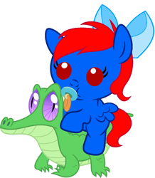 Size: 886x1017 | Tagged: safe, artist:red4567, character:gummy, oc, oc:aimee, species:pony, baby, baby pony, bow, cute, hair bow, ocbetes, pacifier, ponies riding gators, riding, simple background, white background