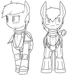 Size: 3000x2959 | Tagged: safe, artist:erthilo, oc, oc only, species:earth pony, species:pegasus, species:pony, fallout equestria, armor, blushing, enclave, enclave armor, grand pegasus enclave, monochrome, power armor, powered exoskeleton, steel ranger, steel rangers, tsundere