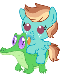 Size: 836x967 | Tagged: safe, artist:red4567, character:gummy, oc, oc:sonic swirl, parent:oc:northern haste, parent:rainbow dash, parents:canon x oc, species:pony, baby, baby pony, cute, duo, northash, ocbetes, offspring, pacifier, parents:northash, ponies riding gators, riding