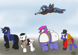 Size: 3064x2141 | Tagged: safe, artist:the-furry-railfan, oc, oc only, oc:aerith, oc:crash dive, oc:night strike, oc:scouring charge, oc:static charge, species:alicorn, species:earth pony, species:pegasus, species:pony, species:unicorn, fallout equestria, alternate cutie mark, april fools joke, fallout equestria: empty quiver, gold, gold ingot, grenade launcher, heresy, m79, modern warfare, moneybags, power armor, powered exoskeleton, reboot, scrooge mcduck, warhammer (game), warhammer 40k