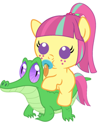 Size: 836x1017 | Tagged: safe, artist:red4567, character:gummy, character:sour sweet, species:pony, equestria girls:friendship games, g4, my little pony: equestria girls, my little pony:equestria girls, baby, baby pony, cute, equestria girls ponified, pacifier, ponies riding gators, ponified, recolor, riding, sourbetes, weapons-grade cute