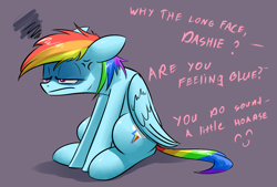 Size: 1748x1181 | Tagged: safe, artist:underpable, character:rainbow dash, angry, cross-popping veins, dialogue, female, frown, implied pinkie pie, pun, rainbow dash is not amused, simple background, solo, unamused