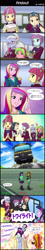 Size: 800x4424 | Tagged: safe, artist:uotapo, character:dean cadance, character:indigo zap, character:lemon zest, character:princess cadance, character:sour sweet, character:sugarcoat, character:sunny flare, character:sunset shimmer, character:twilight sparkle, character:twilight sparkle (alicorn), species:alicorn, equestria girls:friendship games, g4, my little pony: equestria girls, my little pony:equestria girls, adoraflare, bus, clothing, comic, crystal prep academy, crystal prep academy uniform, cute, cutedance, dialogue, fallout, fallout 4, japanese, mistaken identity, pipboy, school uniform, shadow five, sourbetes, speech bubble, sugarcute, sunny flare's wrist devices, sweat, sweatdrop, test paper, translation, uotapo is trying to murder us, upskirt denied, v.a.t.s., zapabetes, zestabetes