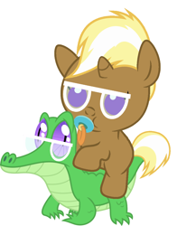 Size: 836x1067 | Tagged: safe, artist:red4567, character:gummy, character:trenderhoof, species:pony, baby, baby pony, cute, glasses, pacifier, ponies riding gators, recolor, riding, weapons-grade cute