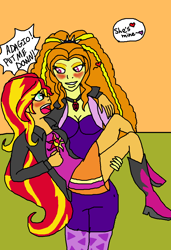 Size: 800x1171 | Tagged: safe, artist:chiisuchii, artist:ktd1993, edit, character:adagio dazzle, character:sunset shimmer, ship:sunsagio, equestria girls:rainbow rocks, g4, my little pony: equestria girls, my little pony:equestria girls, blushing, breasts, bridal carry, busty adagio dazzle, carrying, cleavage, colored, comic, female, hug, humanized, lesbian, shipping, sweat