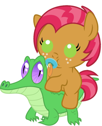 Size: 786x967 | Tagged: safe, artist:red4567, character:babs seed, character:gummy, species:pony, adorababs, baby, baby pony, cute, pacifier, ponies riding gators, riding, weapons-grade cute