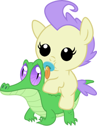 Size: 786x1017 | Tagged: safe, artist:red4567, character:cream puff, character:gummy, species:pony, baby, baby pony, cute, pacifier, ponies riding gators, recolor, riding, simple background, weapons-grade cute, white background