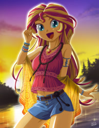 Size: 1000x1298 | Tagged: safe, artist:uotapo, character:sunset shimmer, equestria girls:legend of everfree, g4, my little pony: equestria girls, my little pony:equestria girls, armlet, beautiful, belly button, belt, boho, bracelet, clothing, colored pupils, cute, denim shorts, female, happy, hippie, jewelry, lake, looking at you, midriff, necklace, open mouth, sexy, shawl, shimmerbetes, shorts, sleeveless, smiling, smiling at you, solo, sultry pose, sunset, thighs, uotapo is trying to murder us, water