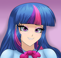 Size: 600x573 | Tagged: safe, artist:thebrokencog, character:twilight sparkle, my little pony:equestria girls, bedroom eyes, bust, clothing, female, grin, human coloration, icon, portrait, smiling, solo