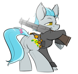 Size: 1280x1219 | Tagged: safe, artist:bbsartboutique, oc, oc only, bullet, clothing, dice, frog (hoof), grenade launcher, gun, plot, simple background, solo, underhoof, weapon