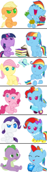 Size: 1000x3640 | Tagged: safe, artist:red4567, character:applejack, character:fluttershy, character:pinkie pie, character:rainbow dash, character:rarity, character:spike, character:twilight sparkle, species:pony, episode:newbie dash, g4, my little pony: friendship is magic, alternate hairstyle, apple, babity, baby, baby dash, baby dragon, baby pie, baby pony, baby spike, babyjack, babylight sparkle, babyshy, behaving like pinkie pie, book, butterfly, care mare, comic, cute, dashabetes, diapinkes, dynamic dash, foal, food, forthright filly, gem, impersonating, impressions, mane seven, mane six, manebow sparkle, party cannon, rainbow dash always dresses in style, rainbow dork, rainbow fash, raribetes, reading rainboom, red4567 is trying to murder us, shyabetes, spikabetes, style, twiabetes, weapons-grade cute