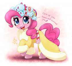 Size: 1750x1600 | Tagged: safe, artist:joakaha, character:pinkie pie, episode:a hearth's warming tail, g4, my little pony: friendship is magic, clothing, cute, dialogue, diapinkes, female, lyrics, open mouth, signature, singing, solo, spirit of hearth's warming presents